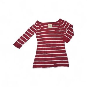 Hollister Red and White Striped 3/4 Sleeve Tee